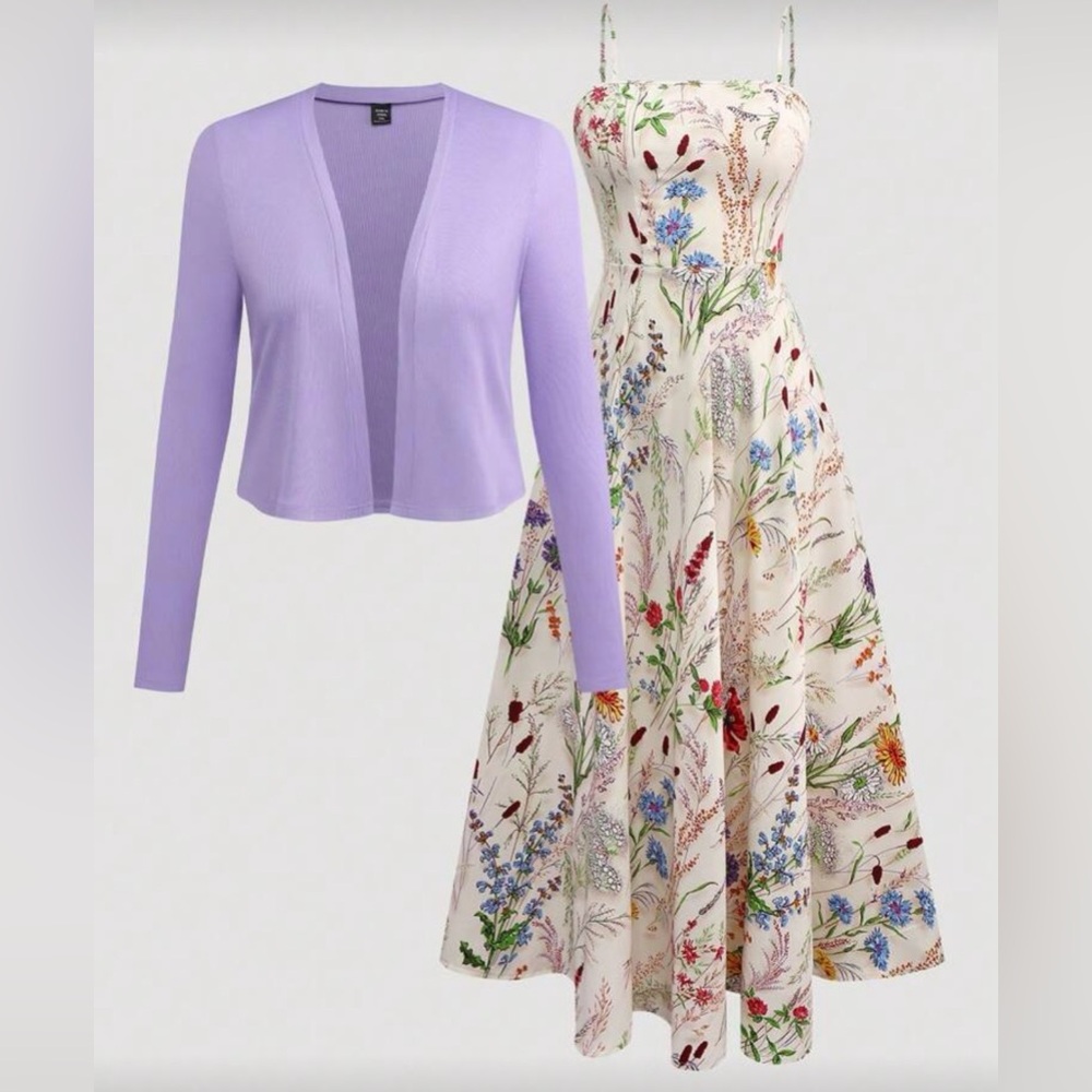Floral Midi Dress with Lavender Cardigan Set
